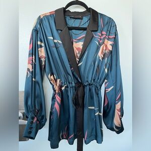 ZARA Teal Satin Tie Waist Blouse Floral Print Size S (US)